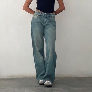 Motel Rocks Faded Blue Low-Rise Wide Leg Jeans- Vintage Blue Green